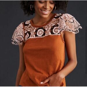 Anthropologie Women's Rust Brown Lace Accent Boho Sleeve Blouse Top Size Small